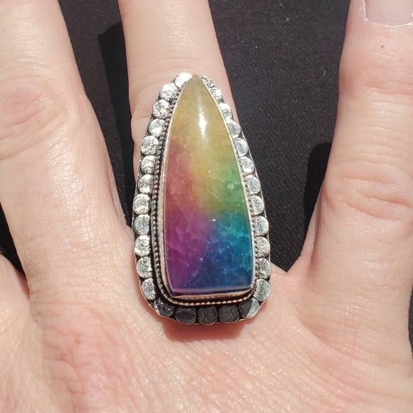 New Oversized Rainbow Solar Agate Quartz 925 Silver Statement Ring. - Picture 10 of 16